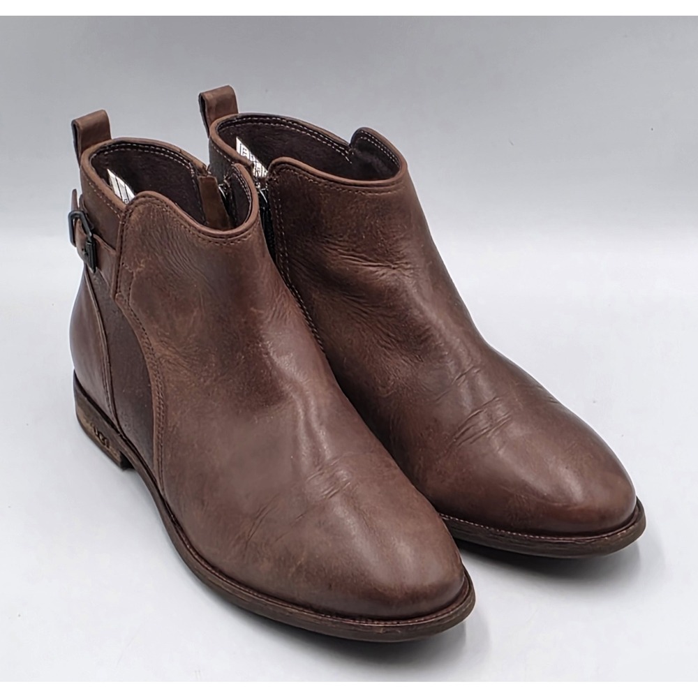 UGG Demi‎ Boot Womens 6 Brown Leather Shearling Lined Ankle Zip Buckle